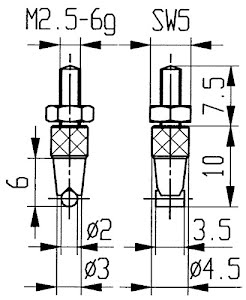 Palpeur D. 2 mm cylindre horizontal M2,5 acier adapté à horloges de mesure KÄFER