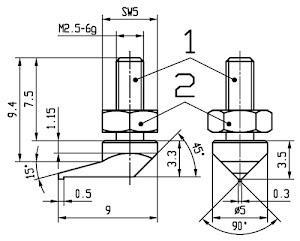 Palpeur pointe latérale M2,5 acier adapté à horloges de mesure KÄFER